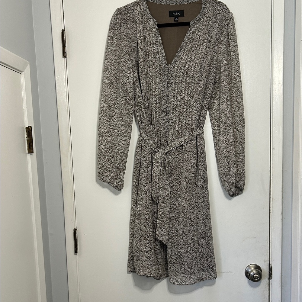 MSK Brown and White Long Sleeve Office Dress with Sheer Sleeves  Front Tie
